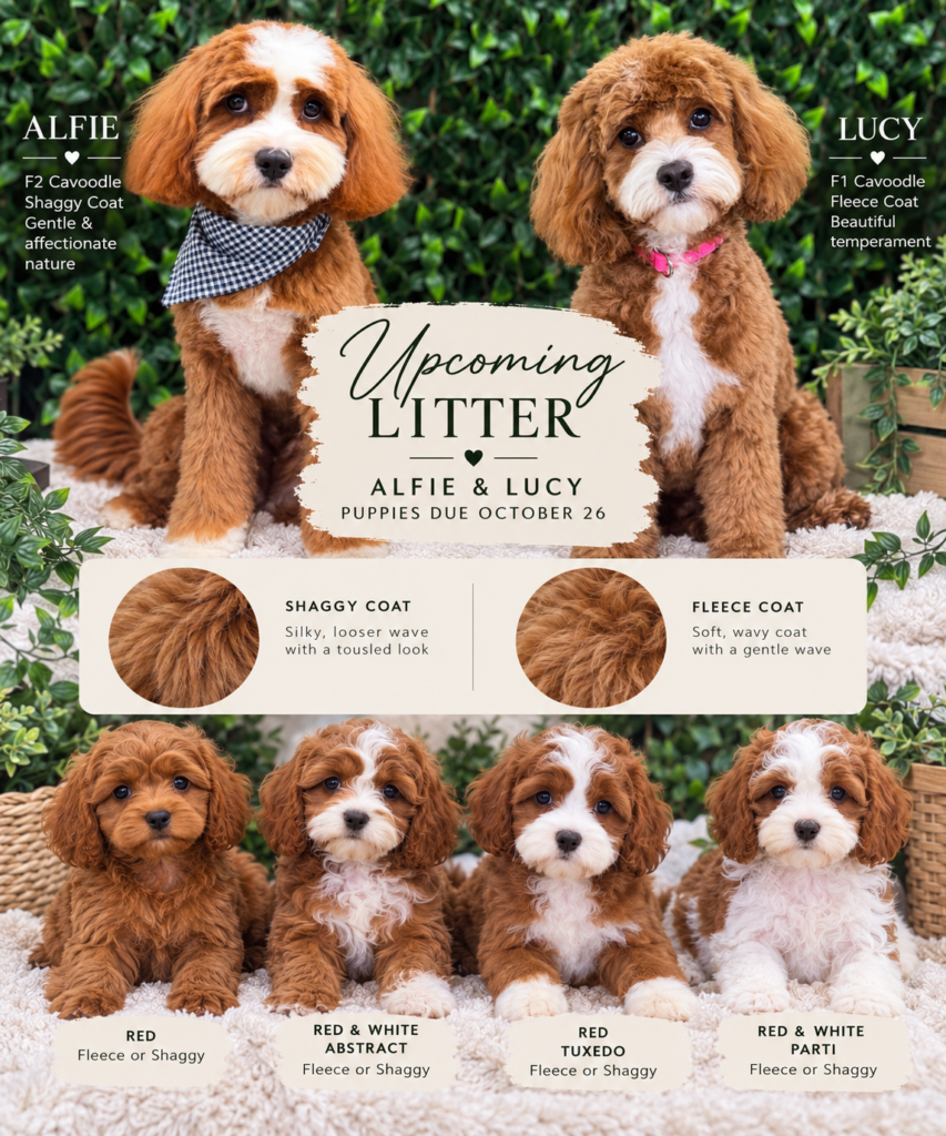 Lucy and Alfie upcoming Cavoodle litter in Brisbane with red and white fleece and shaggy coat puppies