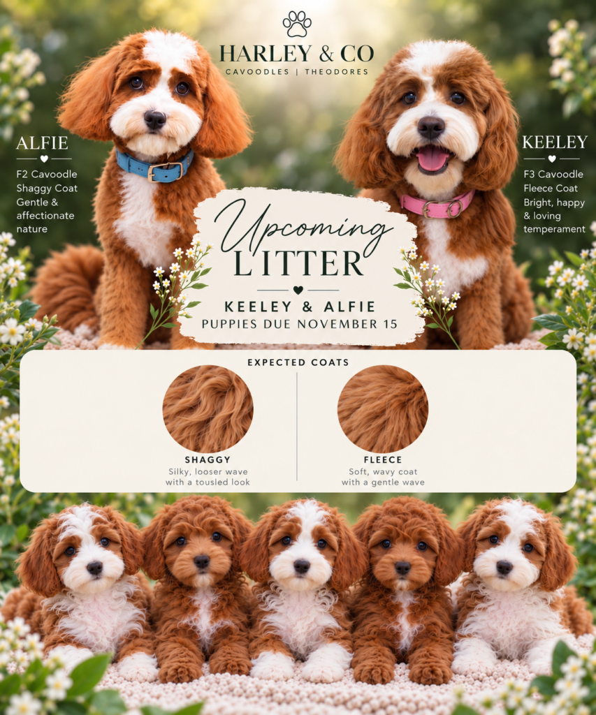 Upcoming Keeley and Alfie Cavoodle litter with red and white Cavoodle puppies at Harley & Co Brisbane