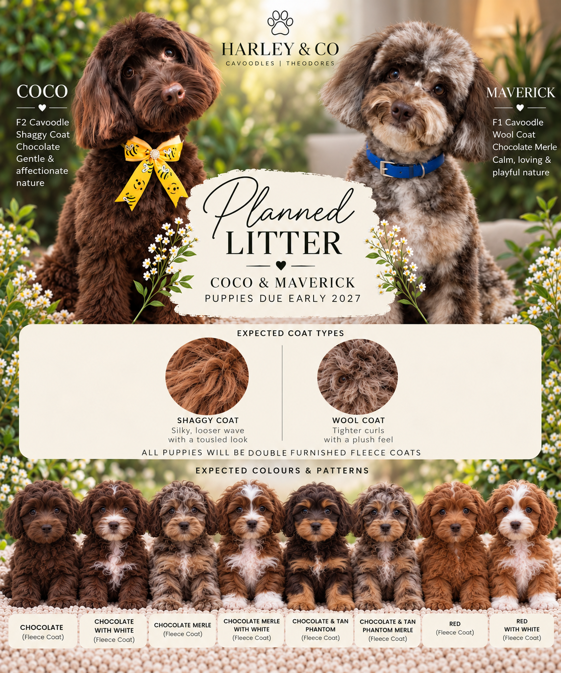 Coco and Maverick planned Cavoodle litter Brisbane with chocolate, merle, phantom and red puppy predictions