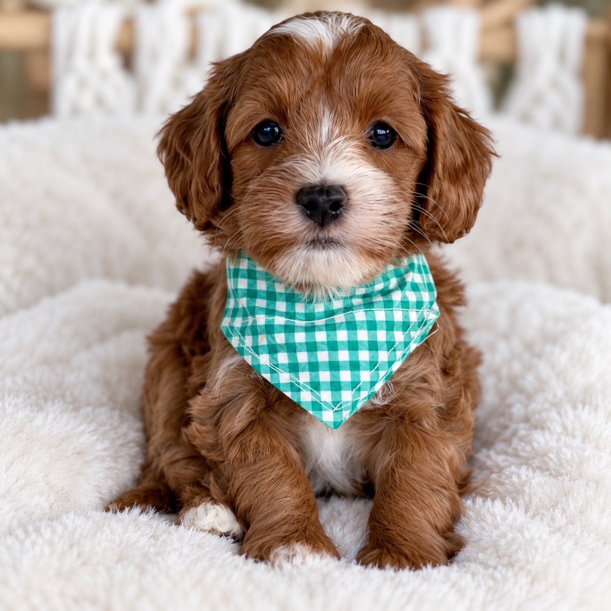 Jagger, red and white shaggy coat Theodore future stud at Harley & Co Cavoodles Brisbane