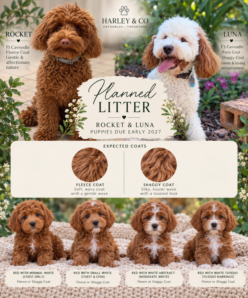 Rocket and Luna planned Cavoodle litter Brisbane with red and white fleece and shaggy coat puppies
